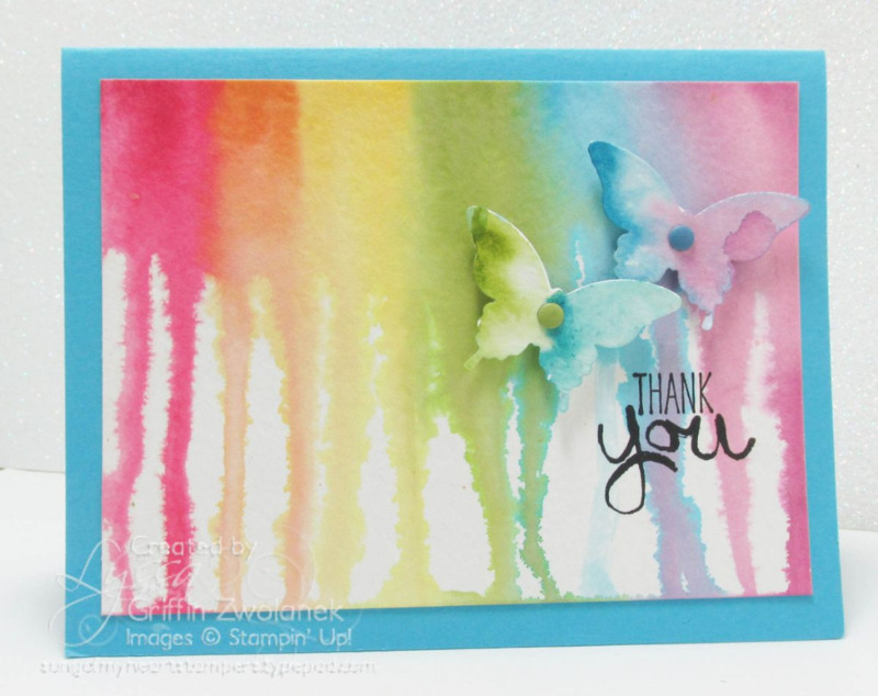 Rainbow watercolor drip technique #stampinup rubber stamping tutorials www.songofmyheartstampers.com