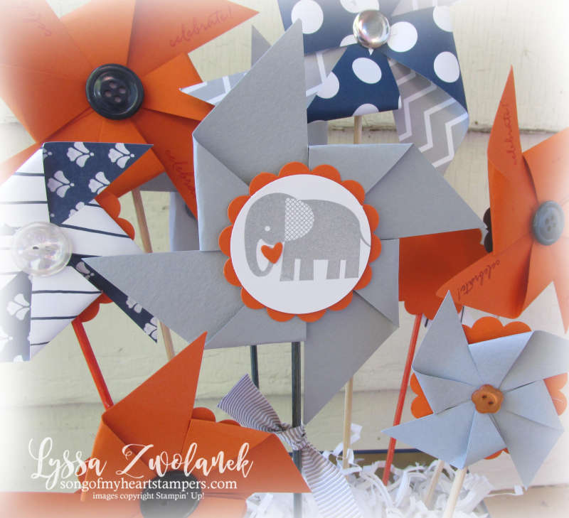 Elephant Baby Shower boy orange navy gray theme Stampin Up pinwheel