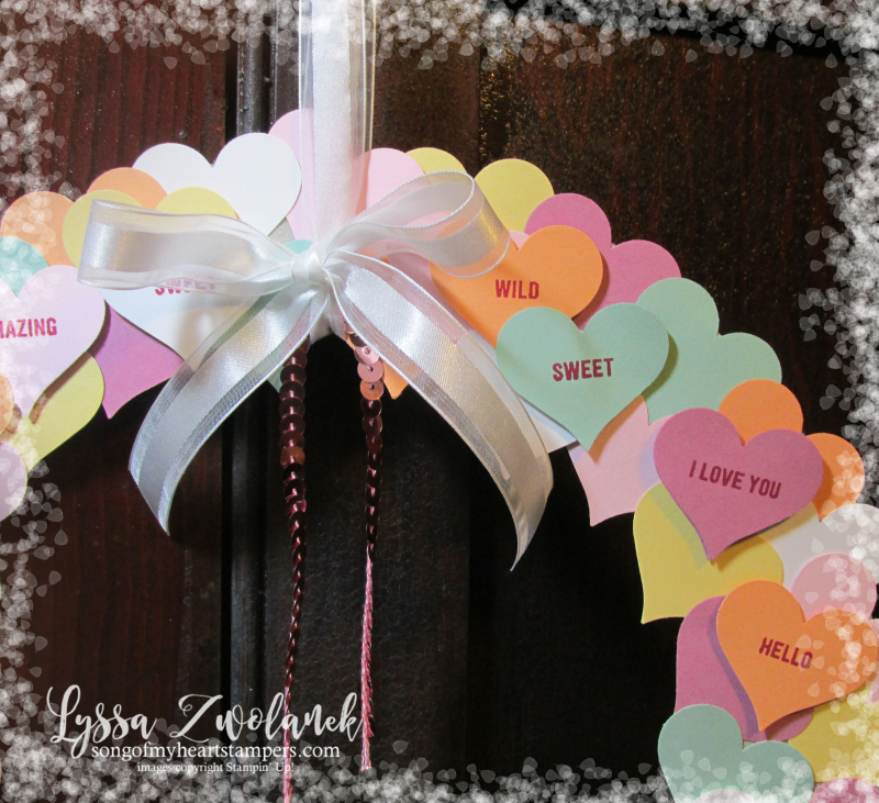 Conversation hearts Valentine heart punch valentines day Stampin Up thoughtful banners candy wreath Lyssa Zwolanek blog