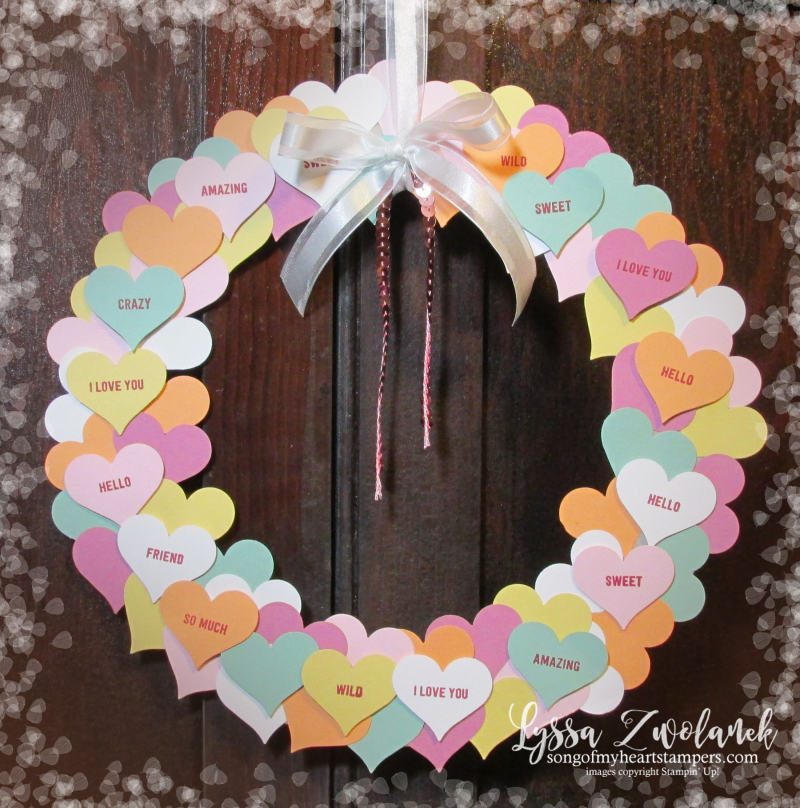 Conversation hearts Valentine heart punch valentines day Stampin Up thoughtful banners candy decor wreath party Lyssa Zwolanek blog