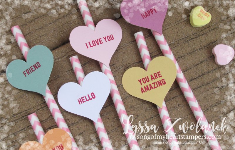 Conversation hearts Valentine heart punch valentines day Stampin Up thoughtful banners candy party straws decor Lyssa Zwolanek blog