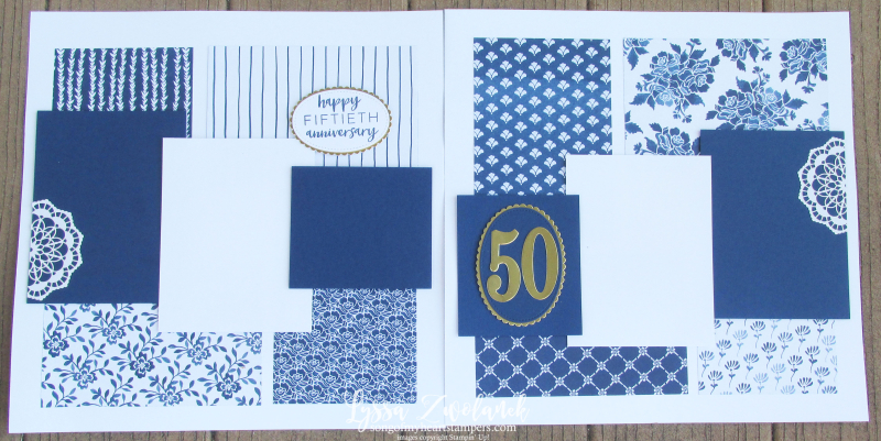 4x4 Scrapbooking Class Delft Blue Anniversary Layout Stampin Up Floral Boutique Wedding lace doilies Framelits Thinlets