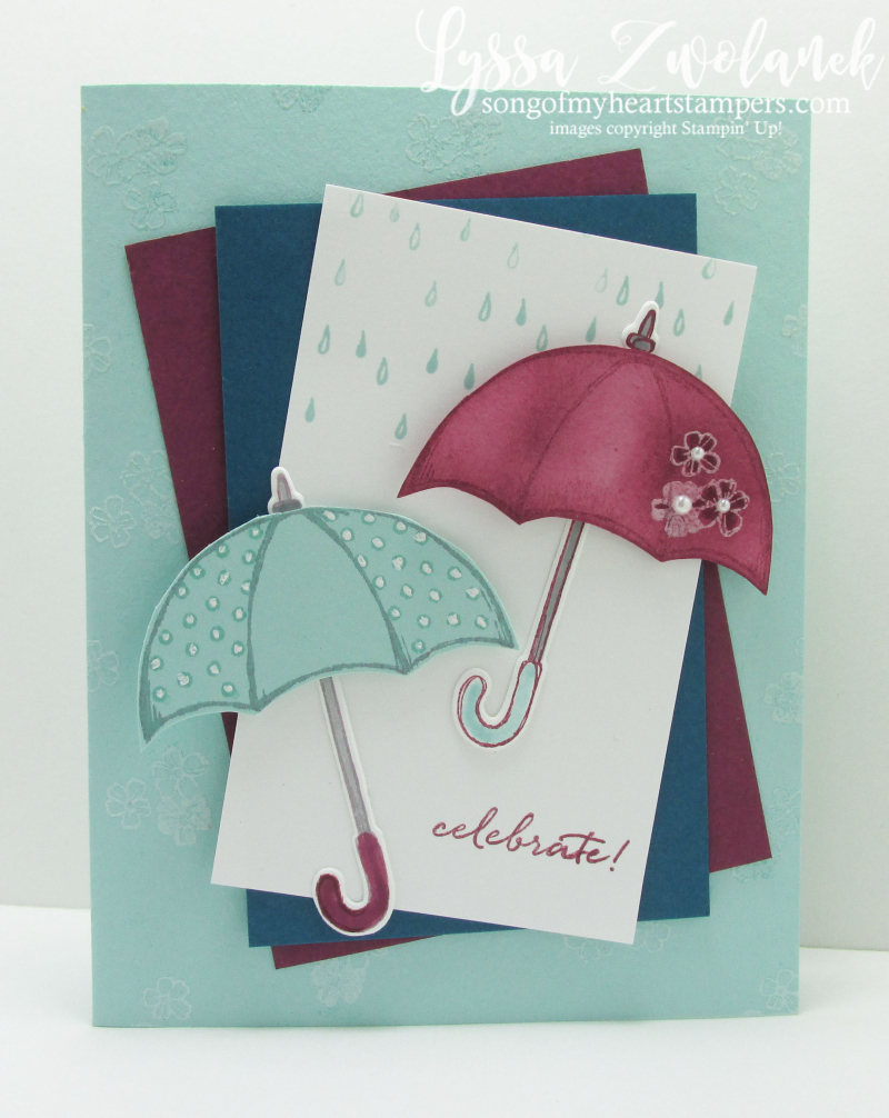 Weather Together Class of the Month Club Stampin Up umbrella clouds rain shower celebrate invite baby card