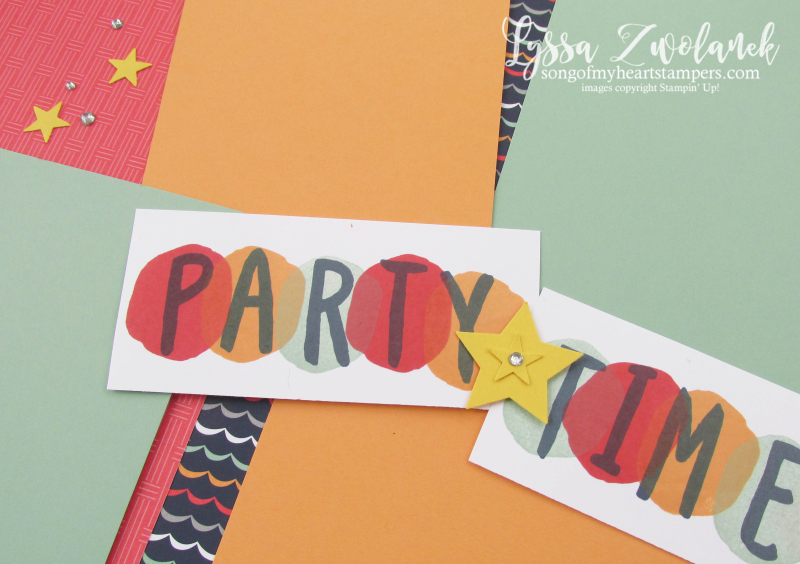 Striped scrapbooking party time layout scrapbook spread Stampin Up Layered Letters star birthday 12x12