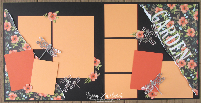 Garden Layout pages days whole lotta lovely Stampin Up papers wood dragonflies 12x12 scrapbooking series Lyssa