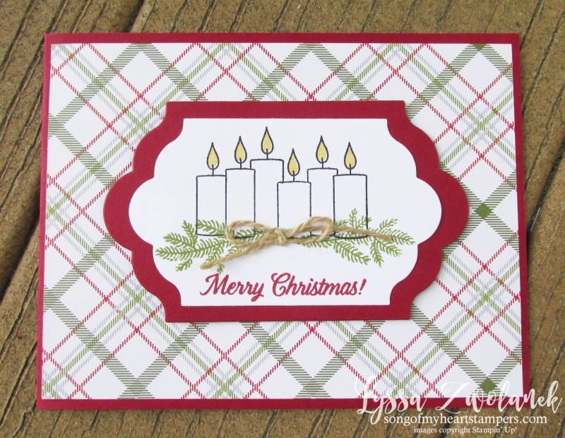 Merry Patterns Christmas Stampin Up plaid candles evergreens holiday card rubber stamping