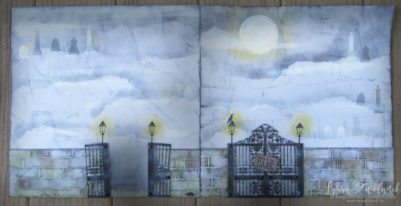 Detailed Gate graveyard thinlets Stampin Up halloween scrapbooking page spooky night fog gravestones