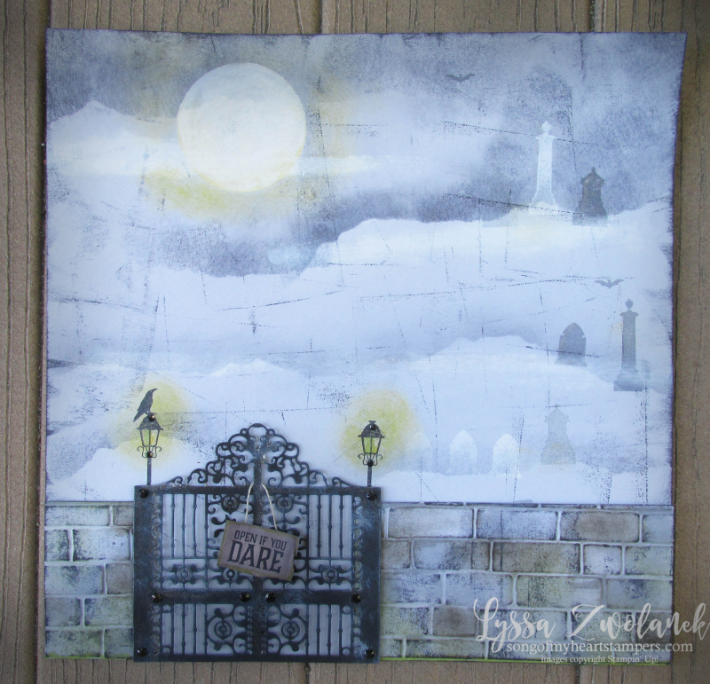 Detailed Gate graveyard thinlets Stampin Up halloween scrapbooking page spooky night fog victorian gravestones