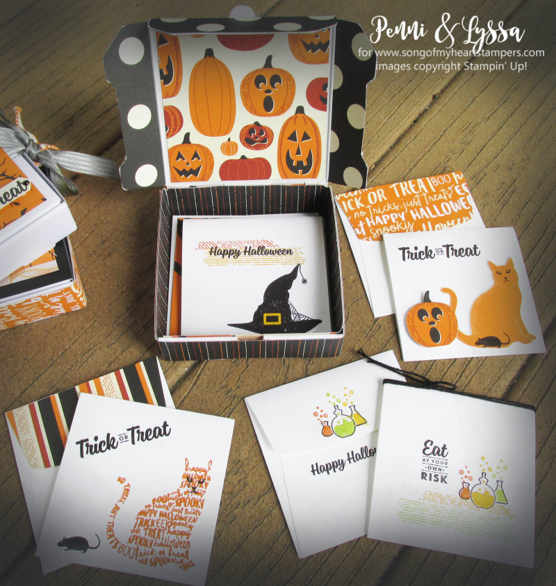 Mini pizza box projects stampin up treat holder candy 3x3 cards emvelopes Lyssa halloween spooky cat