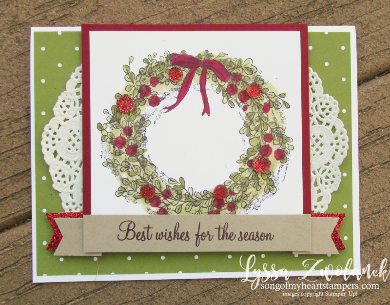 Christmas Feeling Air wreath holiday Stampin Up shop Lyssa tutorials cardmaking rubber stamp berries holly