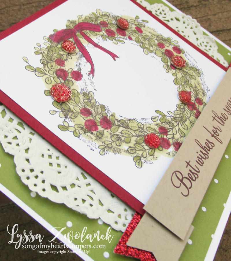 Christmas Feeling Air wreath holiday Stampin Up shop Lyssa tutorials cardmaking rubber stamps berries holly