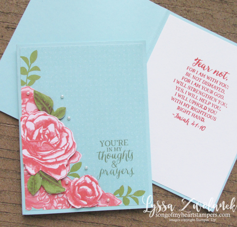 Petal garden papers stampin up fussy cut roses thoughts prayers scripture verse card Isaiah 41 10