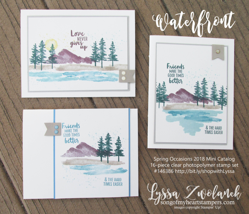 Waterfront stampin up shorleine beach mountains pines palms watercolor stamp set