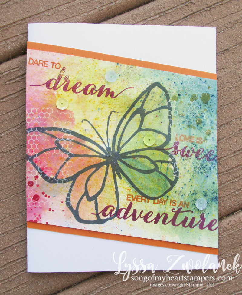 Brusho butterfly beautiful day mixed media stampin up sequins watercolor card medium Lyssa