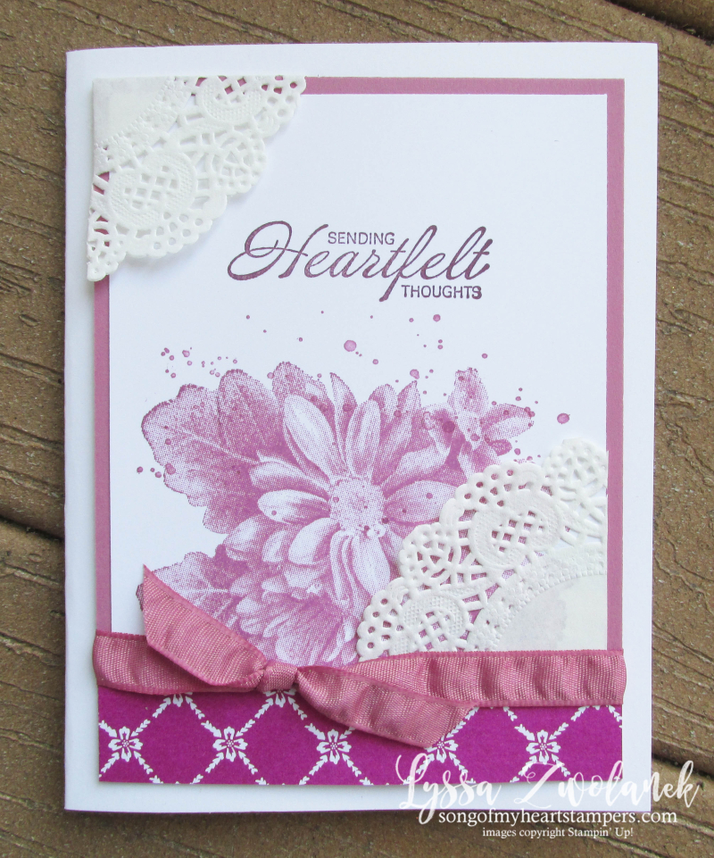 Heartfelt Blooms lace paper doilies techniques tutorial Stampin Up free layout Lyssa Berry Sugarplum