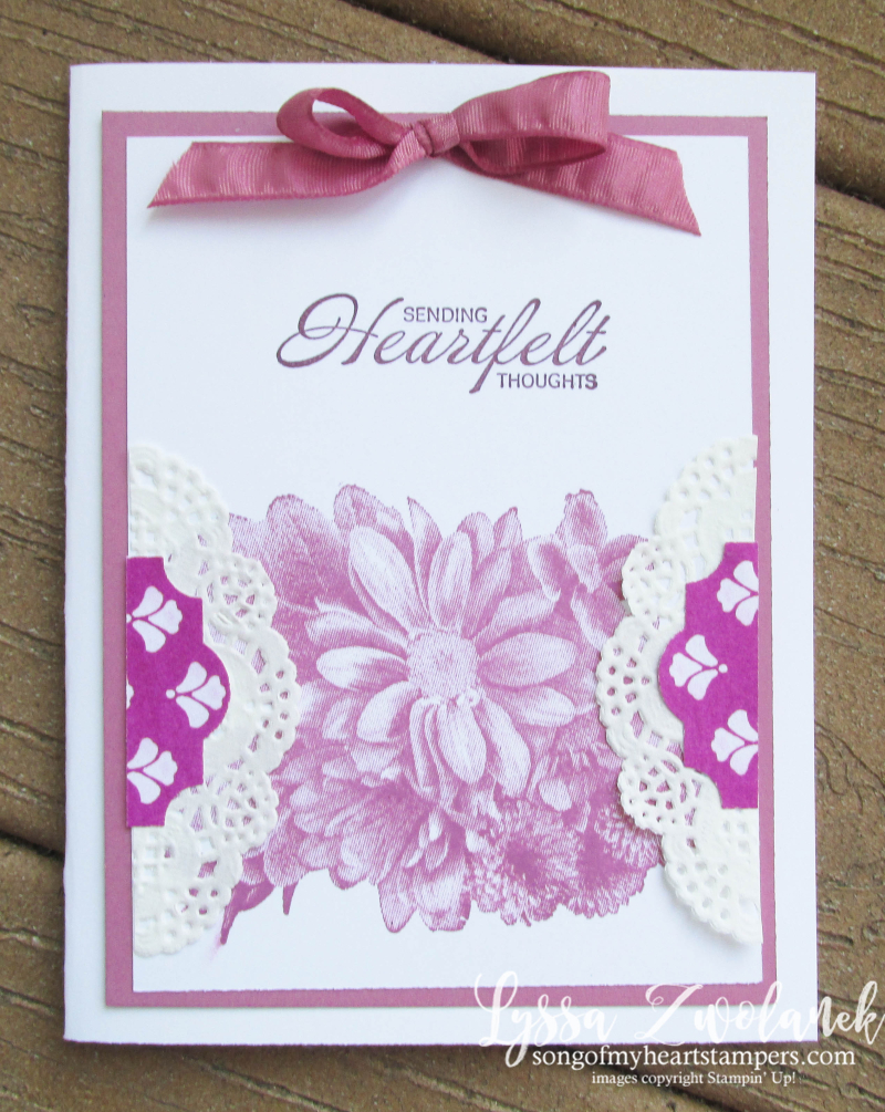 Heartfelt Blooms lace paper doilies techniques tutorial Stampin Up free layout Lyssa Berry Sugarplum