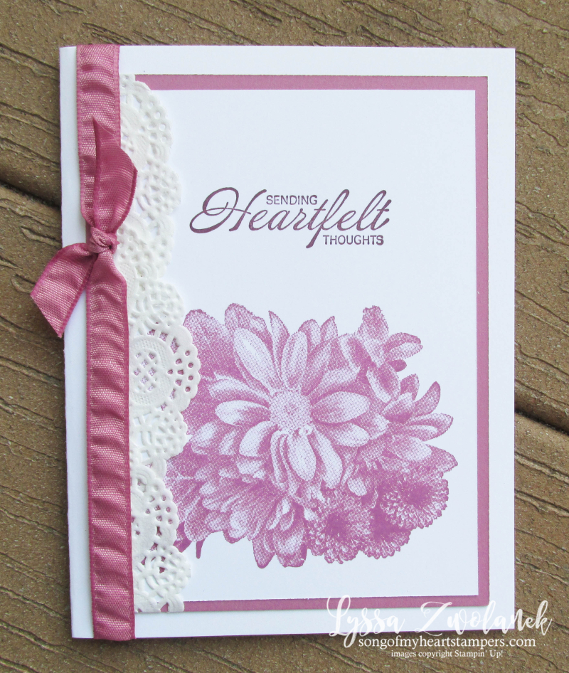 Heartfelt Blooms lace paper doilies techniques tutorial Stampin Up free layout Lyssa Berry Sugarplum