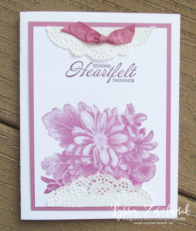 Heartfelt Blooms lace paper doilies techniques tutorial Stampin Up free layout Lyssa Berry Sugarplum