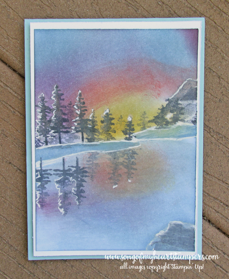 Waterfront winterscape snow pine trees lake frozen sunset card technique