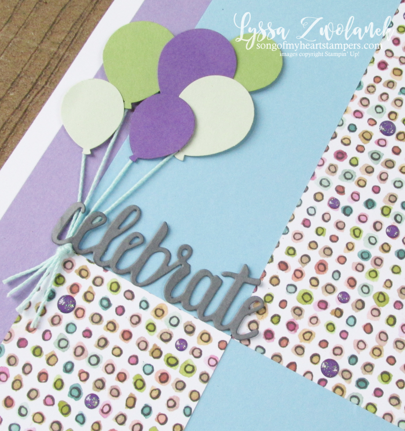 Mystery second page challenge birthday layout scrapbook stampin up Lyssa balloons pages