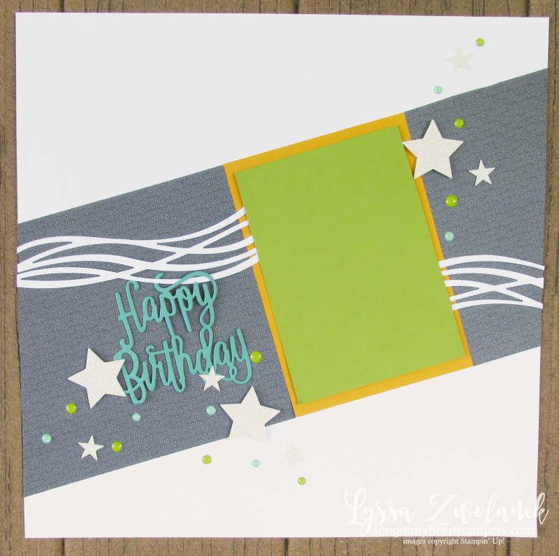 Diagonal birthday scrapbook layout Stampin Up swirly scribbles sizzix thinlets pages 12x12