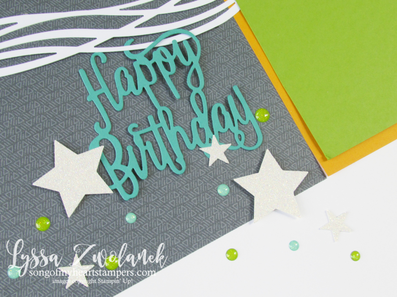 Diagonal birthday scrapbook layout Stampin Up swirly scribbles sizzix thinlets stars 12x12