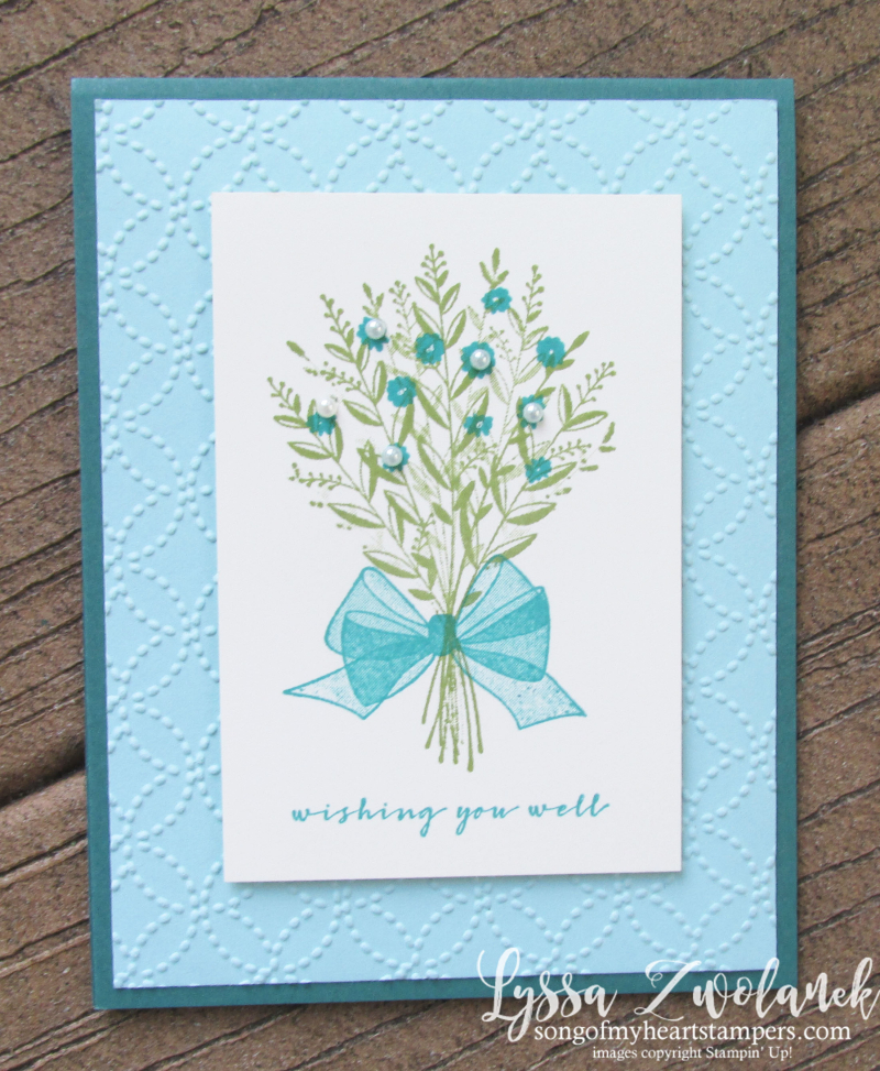 Wishing you well bouquet wreath prgandy bow realistic rubber stamps Stampin Up turquoise