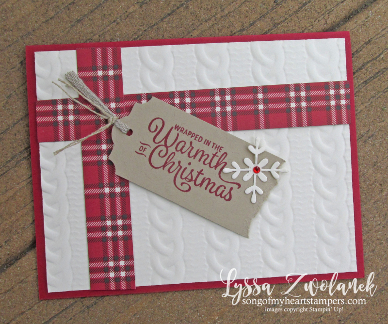 Sweater cable knit embossing folder plaid ribbon present christmas warmth blessings tag git Stampin Up