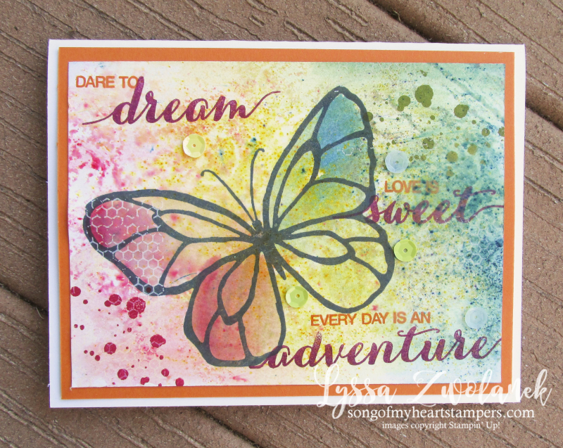 Brusho butterfly beautiful day mixed media stampin up sequins rainbow watercolor card medium Lyssa