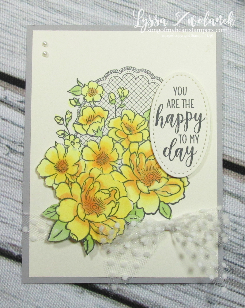 Lovely lattice Stampin Up Lyssa roses song heart doily lace yellow stamping blends