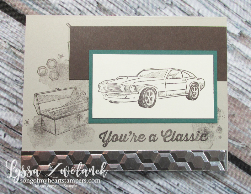 Classic car garage chrome hexagons embossing folder mechanic Stampin Up