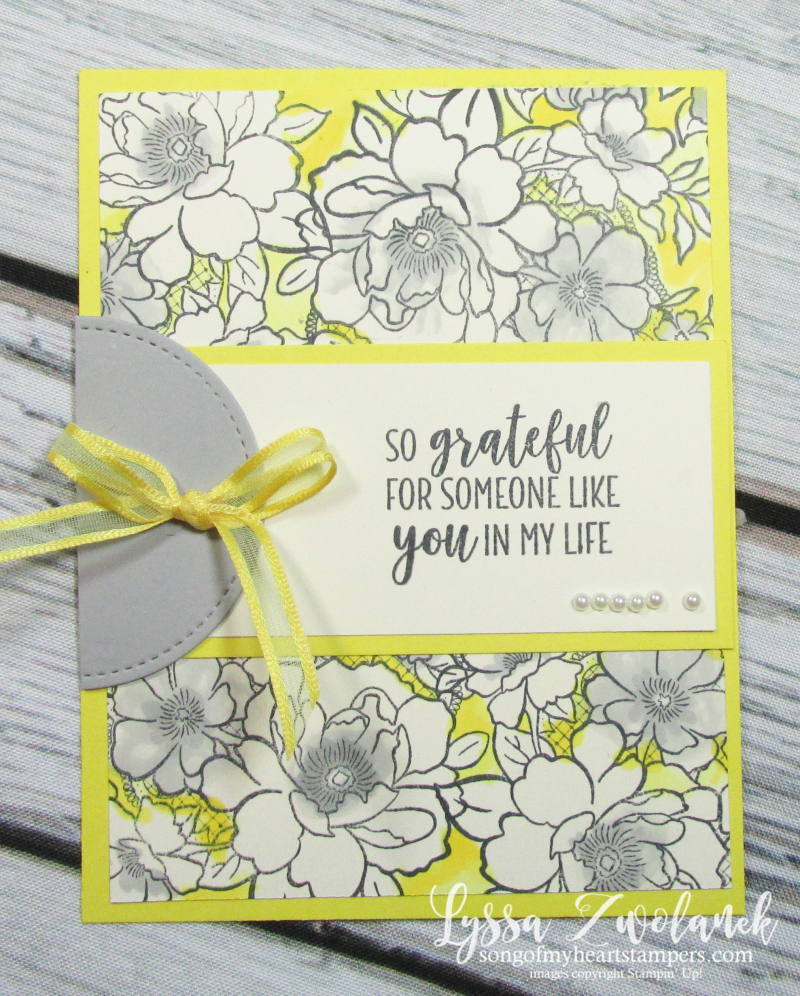 Lovely lattice Stampin Up Lyssa song heart doily lace yellow gray roses stamping blends