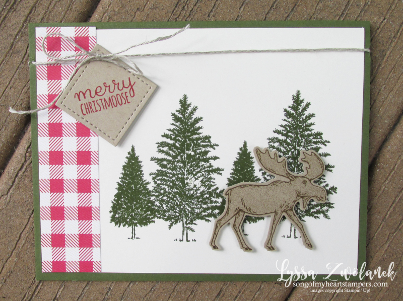 Moose holiday Christmas card Stampin Up Lyssa punch woods snow plaid