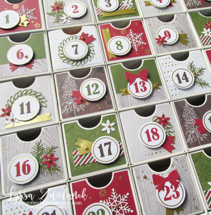 Countdown calendar advent Christmas treat reusable recycle Stampin Up Lyssa holiday DIY kit