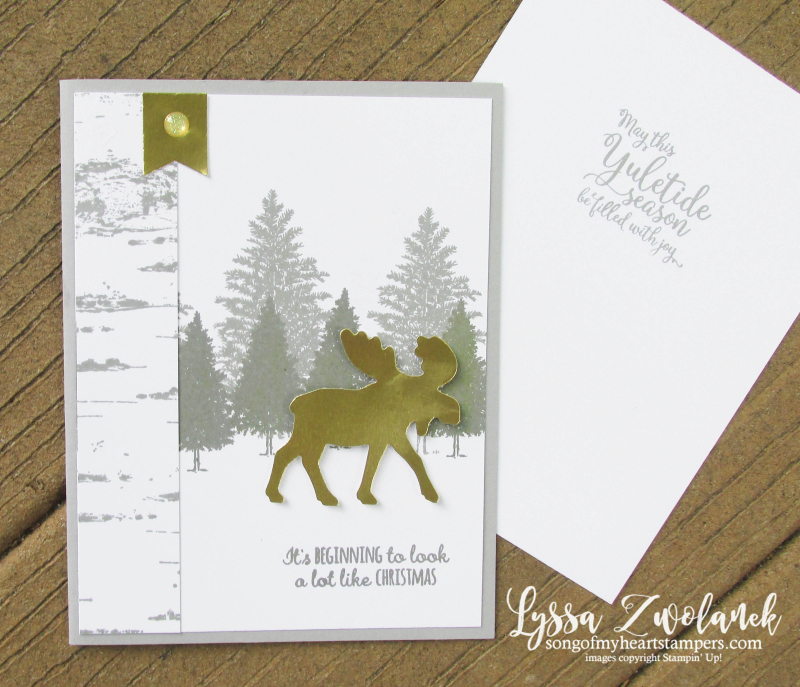 Merry Moose gold gray Birch background Stampin Up foil Christmas holiday Lyssa stamping