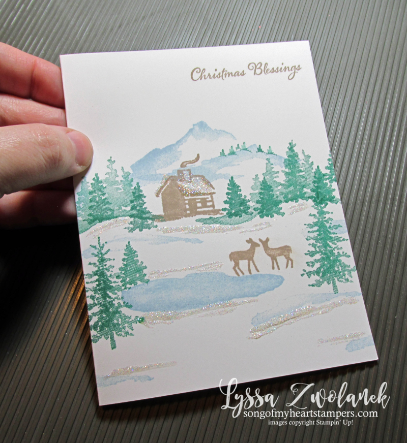 Snowfront snowy holiday Christmas mountain cabin deer card Stampin Up layouts