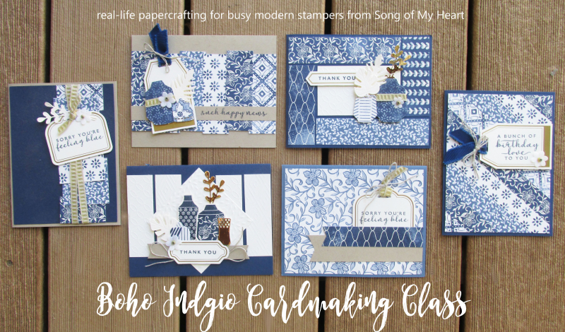 Boho indigo class Lyssa Stampin Up papers medley blue white tutorial instructions techniques layouts