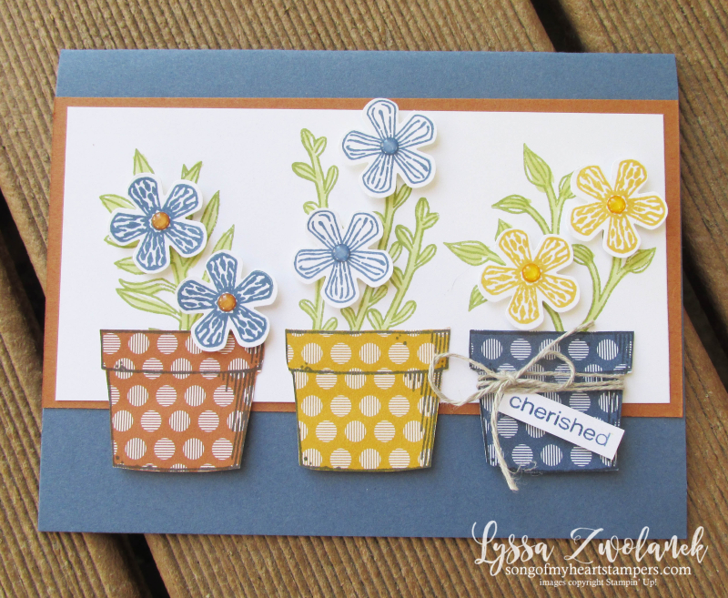 Basket of blooms Stampin Up Lyssa punch blossom bloom class tutorial techniques layout pots garden clay